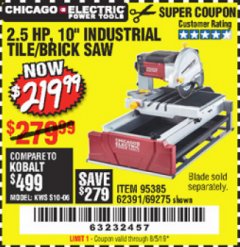 Harbor Freight Coupon 2.5 HP, 10" TILE/BRICK SAW Lot No. 69275/62391/95385 Expired: 8/5/19 - $219.99
