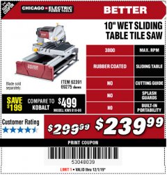 Harbor Freight Coupon 2.5 HP, 10" TILE/BRICK SAW Lot No. 69275/62391/95385 Expired: 12/1/19 - $239.99