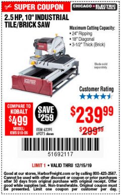 Harbor Freight Coupon 2.5 HP, 10" TILE/BRICK SAW Lot No. 69275/62391/95385 Expired: 12/15/19 - $239.99