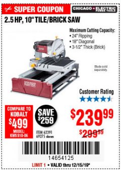 Harbor Freight Coupon 2.5 HP, 10" TILE/BRICK SAW Lot No. 69275/62391/95385 Expired: 12/15/19 - $239.99