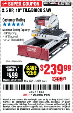 Harbor Freight Coupon 2.5 HP, 10" TILE/BRICK SAW Lot No. 69275/62391/95385 Expired: 4/1/20 - $239.99