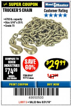 Harbor Freight Coupon 5/16" x 20 FT. GRADE 70 TRUCKER'S CHAIN Lot No. 60667/97712 Expired: 7/27/18 - $29.99