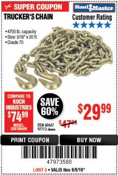 Harbor Freight Coupon 5/16" x 20 FT. GRADE 70 TRUCKER'S CHAIN Lot No. 60667/97712 Expired: 9/9/18 - $29.99