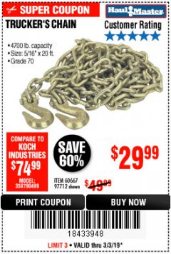 Harbor Freight Coupon 5/16" x 20 FT. GRADE 70 TRUCKER'S CHAIN Lot No. 60667/97712 Expired: 3/3/19 - $29.99