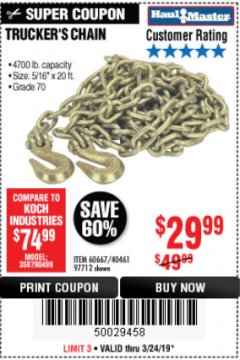 Harbor Freight Coupon 5/16" x 20 FT. GRADE 70 TRUCKER'S CHAIN Lot No. 60667/97712 Expired: 3/24/19 - $29.99