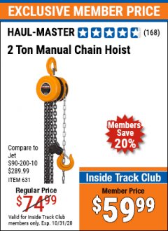 Harbor Freight ITC Coupon 2 TON MANUAL CHAIN HOIST Lot No. 631/60719 Expired: 10/31/20 - $59.99