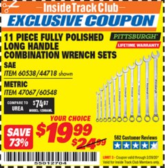 Harbor Freight ITC Coupon 11 PIECE FULLY POLISHED LONG HANDLE COMBINATION WRENCH SETS Lot No. 44718/60538/47067/60548 Expired: 2/29/20 - $19.99