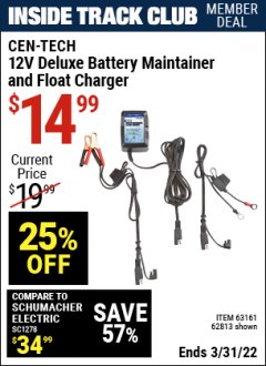 Harbor Freight ITC Coupon 12 VOLT DELUXE BATTERY MAINTAINER AND FLOAT CHARGER Lot No. 63161/62813 Expired: 3/31/22 - $14.99