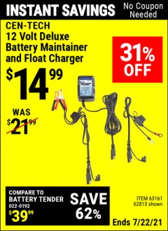 Harbor Freight Coupon 12 VOLT DELUXE BATTERY MAINTAINER AND FLOAT CHARGER Lot No. 63161/62813 Expired: 7/22/21 - $14.99
