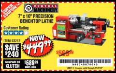 Harbor Freight Coupon 7" x 10" PRECISION LATHE Lot No. 93212 Expired: 11/3/18 - $449.99