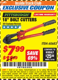 Harbor Freight ITC Coupon 18" BOLT CUTTERS Lot No. 41148/60683 Expired: 2/28/19 - $7.99
