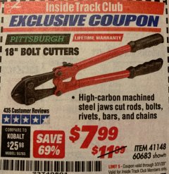 Harbor Freight ITC Coupon 18" BOLT CUTTERS Lot No. 41148/60683 Expired: 3/31/20 - $7.99