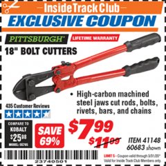 Harbor Freight ITC Coupon 18" BOLT CUTTERS Lot No. 41148/60683 Expired: 3/31/20 - $7.99