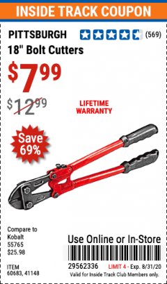 Harbor Freight ITC Coupon 18" BOLT CUTTERS Lot No. 41148/60683 Expired: 8/31/20 - $7.99