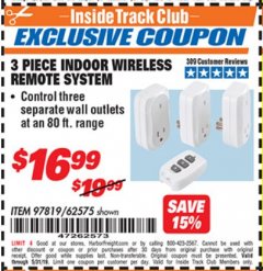 Harbor Freight ITC Coupon INDOOR WIRELESS REMOTE SYSTEM PACK OF 3 Lot No. 62575/68759 Expired: 5/31/19 - $16.99