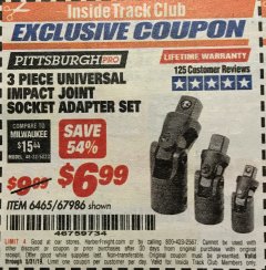 Harbor Freight ITC Coupon 3 PIECE UNIVERSAL IMPACT JOINT SOCKET ADAPTER SET Lot No. 67986 Expired: 5/31/19 - $6.99