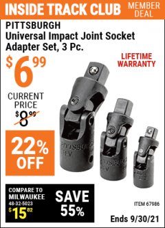 Harbor Freight ITC Coupon 3 PIECE UNIVERSAL IMPACT JOINT SOCKET ADAPTER SET Lot No. 67986 Expired: 9/30/21 - $6.99