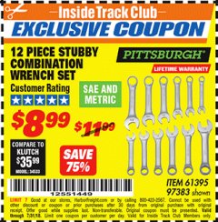 Harbor Freight ITC Coupon 12 PIECE SAE AND METRIC STUBBY COMBINATION WRENCH SET Lot No. 61395/97383 Expired: 7/31/18 - $8.99