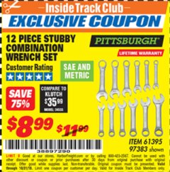 Harbor Freight ITC Coupon 12 PIECE SAE AND METRIC STUBBY COMBINATION WRENCH SET Lot No. 61395/97383 Expired: 10/31/18 - $8.99