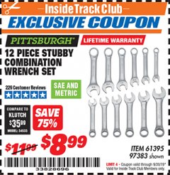 Harbor Freight ITC Coupon 12 PIECE SAE AND METRIC STUBBY COMBINATION WRENCH SET Lot No. 61395/97383 Expired: 9/30/19 - $8.99