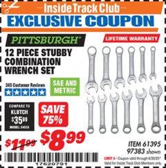 Harbor Freight ITC Coupon 12 PIECE SAE AND METRIC STUBBY COMBINATION WRENCH SET Lot No. 61395/97383 Expired: 6/30/20 - $8.99