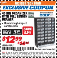 Harbor Freight ITC Coupon 40 BIN ORGANIZER WITH FULL LENGTH DRAWER Lot No. 94375 Expired: 5/31/19 - $12.99
