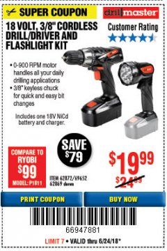 Harbor Freight Coupon 18 VOLT CORDLESS 3/8" DRILL/DRIVER AND FLASHLIGHT KIT Lot No. 68287/69652/62869/62872 Expired: 6/24/18 - $19.99