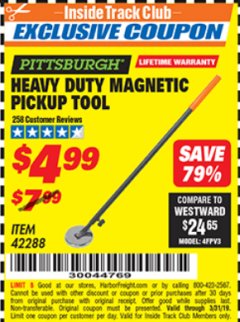 Harbor Freight ITC Coupon HEAVY DUTY MAGNETIC PICKUP TOOL Lot No. 42288 Expired: 3/31/19 - $4.99