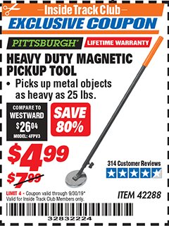 Harbor Freight ITC Coupon HEAVY DUTY MAGNETIC PICKUP TOOL Lot No. 42288 Expired: 9/30/19 - $4.99
