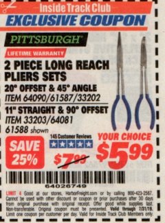 Harbor Freight ITC Coupon 2 PIECE LONG REACH PLIERS SETS Lot No. 33202/61587/33203/61588 Expired: 7/31/19 - $5.99
