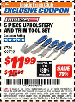Harbor Freight ITC Coupon 5 PIECE UPHOLSTERY AND TRIM TOOL SET Lot No. 99739 Expired: 7/31/18 - $11.99