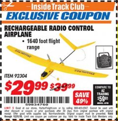 Harbor Freight ITC Coupon RECHARGEABLE RADIO CONTROL AIRPLANE Lot No. 92304 Expired: 12/31/18 - $29.99