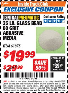 Harbor Freight ITC Coupon 25 LB. GLASS BEAD 80 GRIT ABRASIVE MEDIA Lot No. 61875 Expired: 11/30/18 - $19.99
