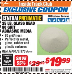 Harbor Freight ITC Coupon 25 LB. GLASS BEAD 80 GRIT ABRASIVE MEDIA Lot No. 61875 Expired: 10/31/19 - $19.99