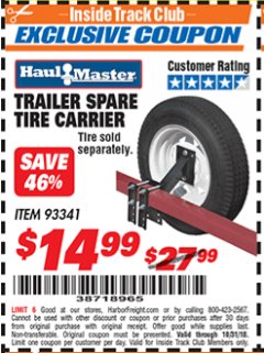 Harbor Freight ITC Coupon TRAILER SPARE TIRE CARRIER Lot No. 93341 Expired: 10/31/18 - $14.99