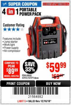 Harbor Freight Coupon 4-IN-1 JUMP STARTER WITH AIR COMPRESSOR Lot No. 60666/69401/62374/62453 Expired: 12/16/18 - $59.99