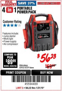 Harbor Freight Coupon 4-IN-1 JUMP STARTER WITH AIR COMPRESSOR Lot No. 60666/69401/62374/62453 Expired: 1/31/19 - $56.23