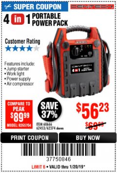 Harbor Freight Coupon 4-IN-1 JUMP STARTER WITH AIR COMPRESSOR Lot No. 60666/69401/62374/62453 Expired: 1/20/19 - $56.23