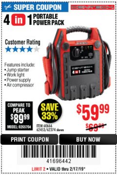 Harbor Freight Coupon 4-IN-1 JUMP STARTER WITH AIR COMPRESSOR Lot No. 60666/69401/62374/62453 Expired: 2/17/19 - $59.99