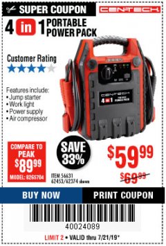 Harbor Freight Coupon 4-IN-1 JUMP STARTER WITH AIR COMPRESSOR Lot No. 60666/69401/62374/62453 Expired: 7/21/19 - $59.99
