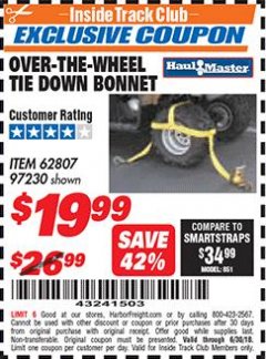 Harbor Freight ITC Coupon OVER-THE-WHEEL TIE DOWN BONNET Lot No. 62807 Expired: 6/30/18 - $19.99