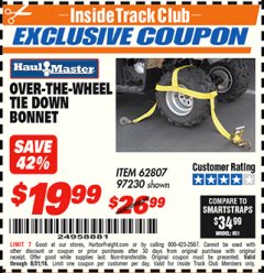 Harbor Freight ITC Coupon OVER-THE-WHEEL TIE DOWN BONNET Lot No. 62807 Expired: 8/31/18 - $19.99