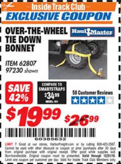 Harbor Freight ITC Coupon OVER-THE-WHEEL TIE DOWN BONNET Lot No. 62807 Expired: 12/31/18 - $19.99