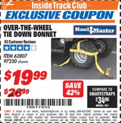 Harbor Freight ITC Coupon OVER-THE-WHEEL TIE DOWN BONNET Lot No. 62807 Expired: 4/30/19 - $19.99