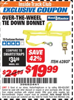 Harbor Freight ITC Coupon OVER-THE-WHEEL TIE DOWN BONNET Lot No. 62807 Expired: 8/31/19 - $19.99