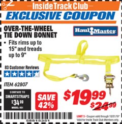 Harbor Freight ITC Coupon OVER-THE-WHEEL TIE DOWN BONNET Lot No. 62807 Expired: 10/31/19 - $19.99