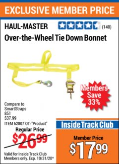 Harbor Freight ITC Coupon OVER-THE-WHEEL TIE DOWN BONNET Lot No. 62807 Expired: 10/31/20 - $17.99