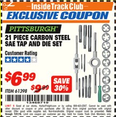 Harbor Freight ITC Coupon 21 PIECE CARBON STEEL SAE TAP AND DIE SET Lot No. 61398/69679 Expired: 7/31/18 - $6.99