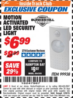 Harbor Freight ITC Coupon MOTION ACTIVATED LED SECURITY LIGHT Lot No. 99938 Expired: 2/28/19 - $6.99