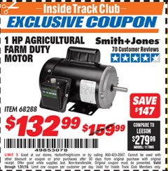 Harbor Freight ITC Coupon 1 HP FARM DUTY AGRICULTURAL MOTOR Lot No. 68288 Expired: 1/31/19 - $132.99
